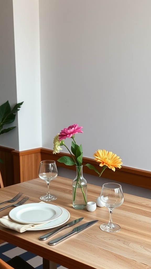 A simple table setting with flowers and tableware in a Nordic design style.