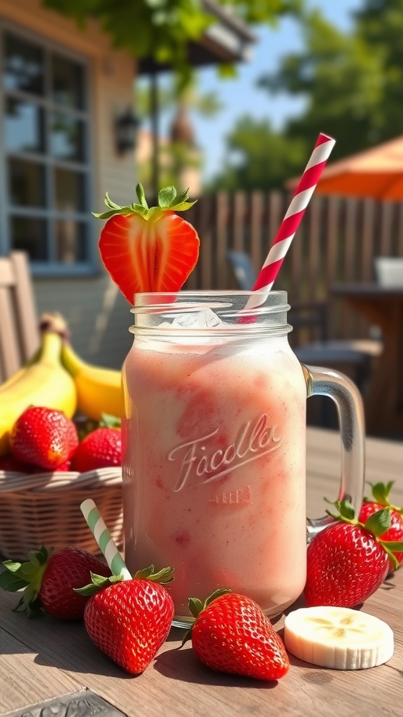 A refreshing strawberry banana smoothie in a jar with a straw, surrounded by fresh strawberries and bananas.