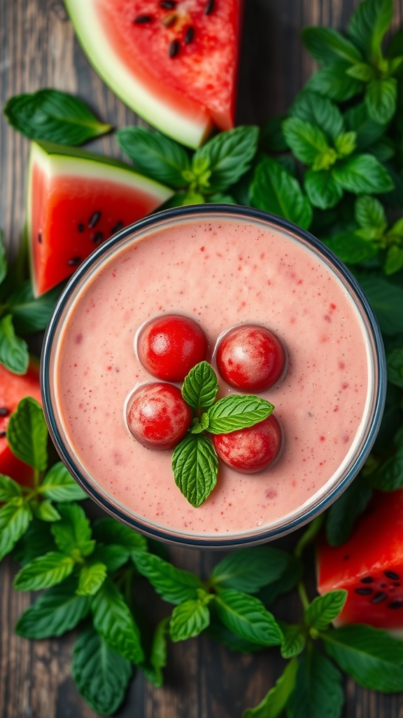 A refreshing watermelon mint smoothie bowl topped with fruits and mint leaves
