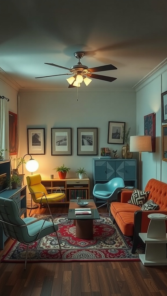 A retro futurism interior featuring colorful chairs, a stylish rug, and artistic decor elements.