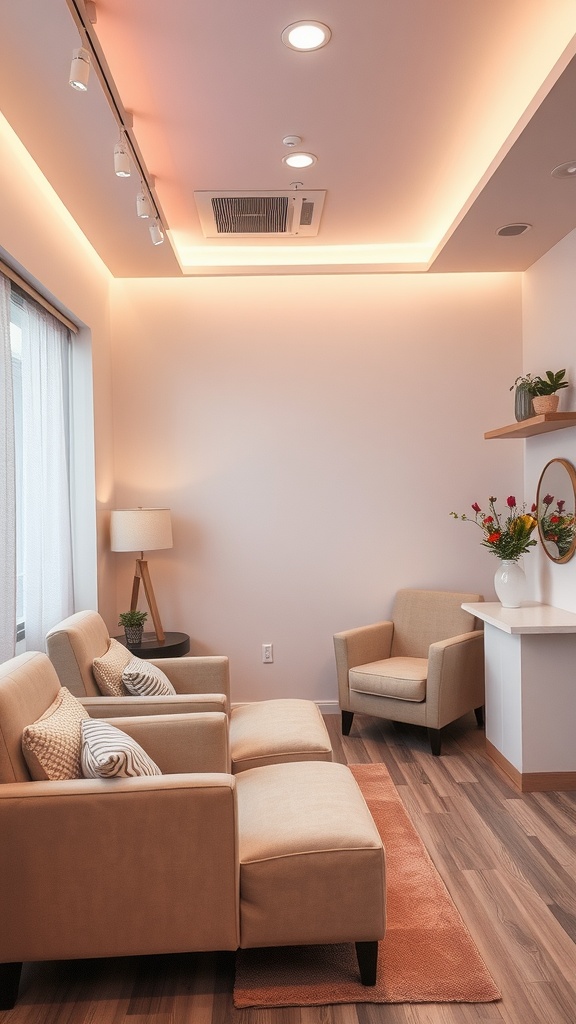 Interior of a nail salon relaxation area with comfortable seating and warm lighting.
