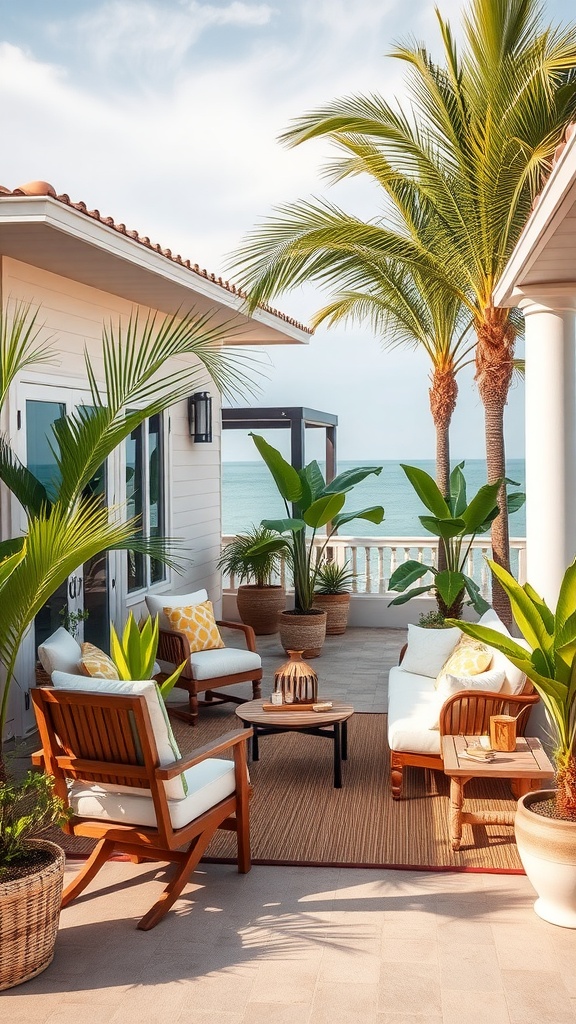 A cozy outdoor patio with comfortable seating, plants, and ocean view.
