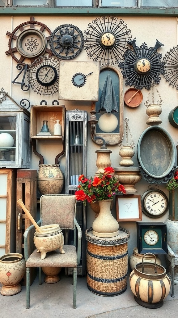 A collection of repurposed old items including clocks, vases, and furniture.