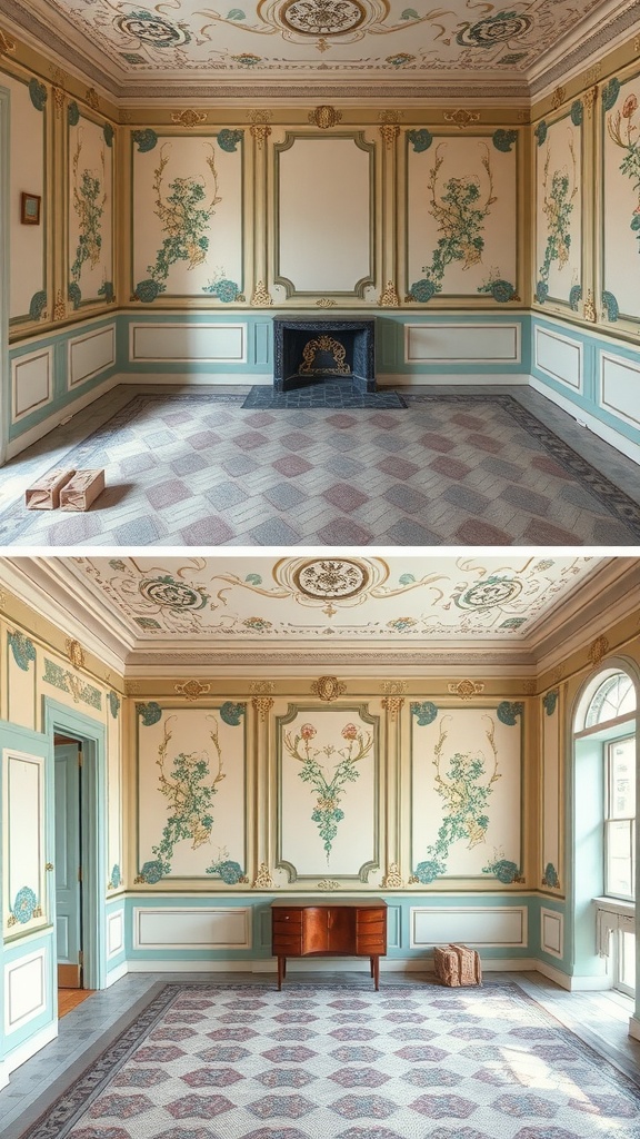 An elegantly restored Art Nouveau interior featuring detailed wall designs and architectural elements.