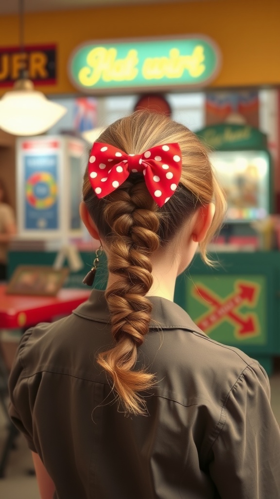 A hairstyle featuring a retro bow ponytail with a braid and red polka dot bow.