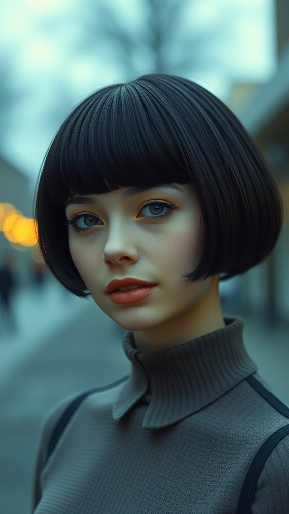 A young woman with a retro bowl cut and thick bangs, wearing a stylish turtleneck.