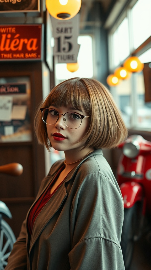 A woman with a retro choppy bob hairstyle, wearing glasses and a stylish outfit.