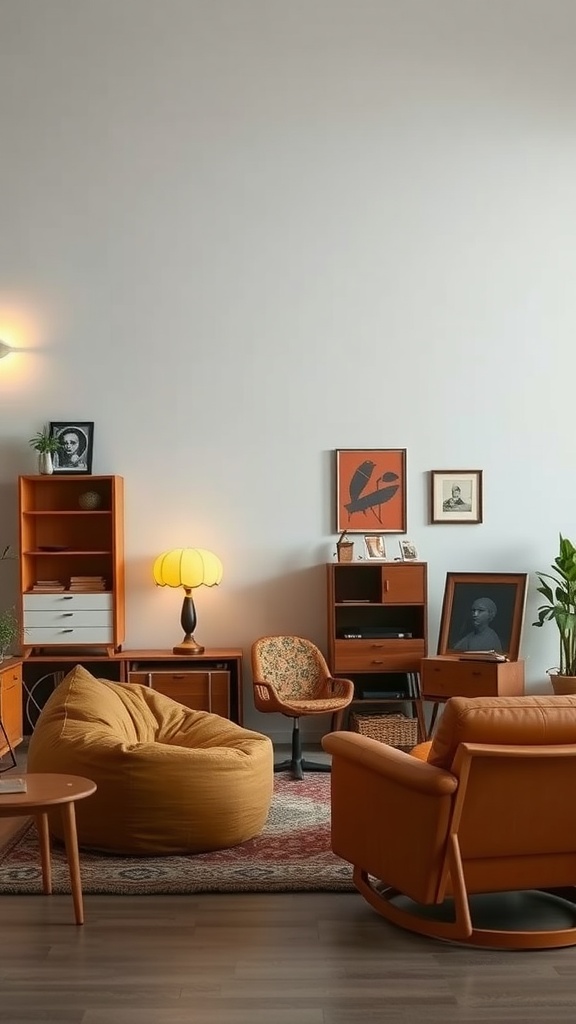 A cozy 70s-inspired living room featuring retro furniture like a bean bag chair, curved sofa, and colorful accents.