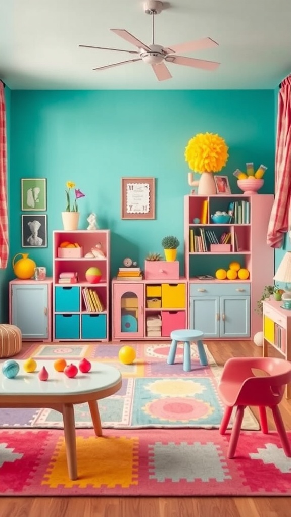 Colorful 70s inspired kids playroom with vibrant furniture and decor