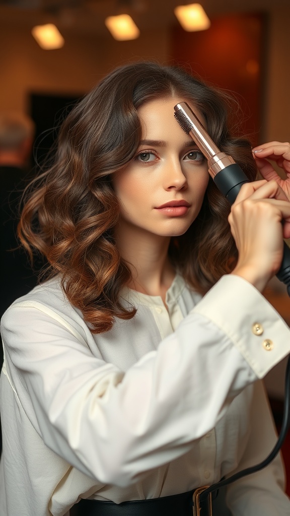 A woman styling her hair with a curling iron to create flat French curls.