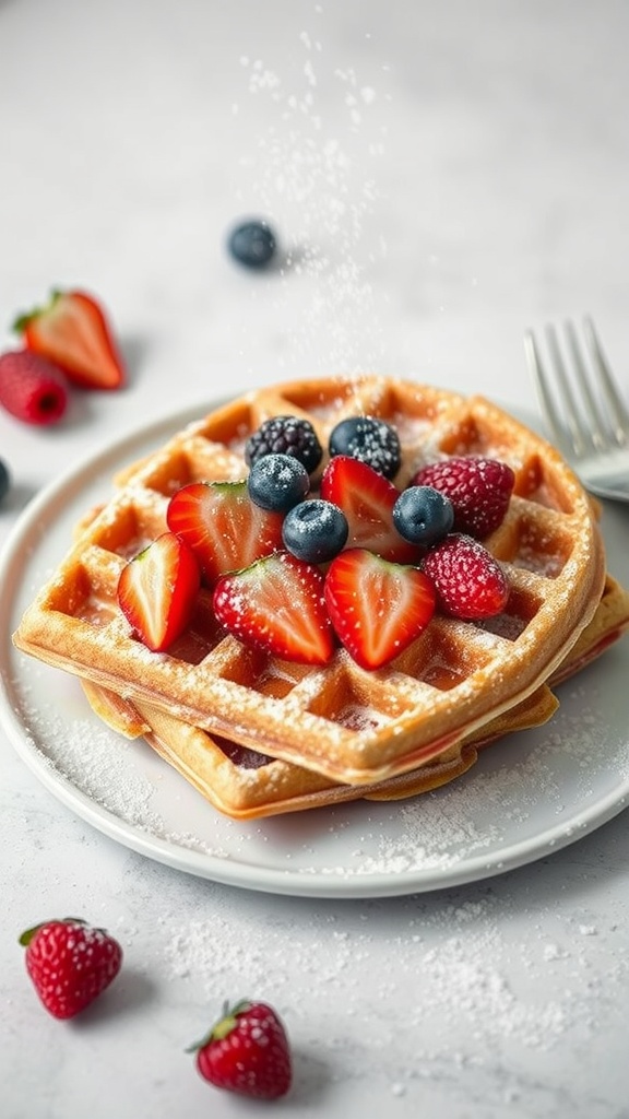 Two delicious rice flour waffles topped with fresh strawberries and blueberries, dusted with powdered sugar.