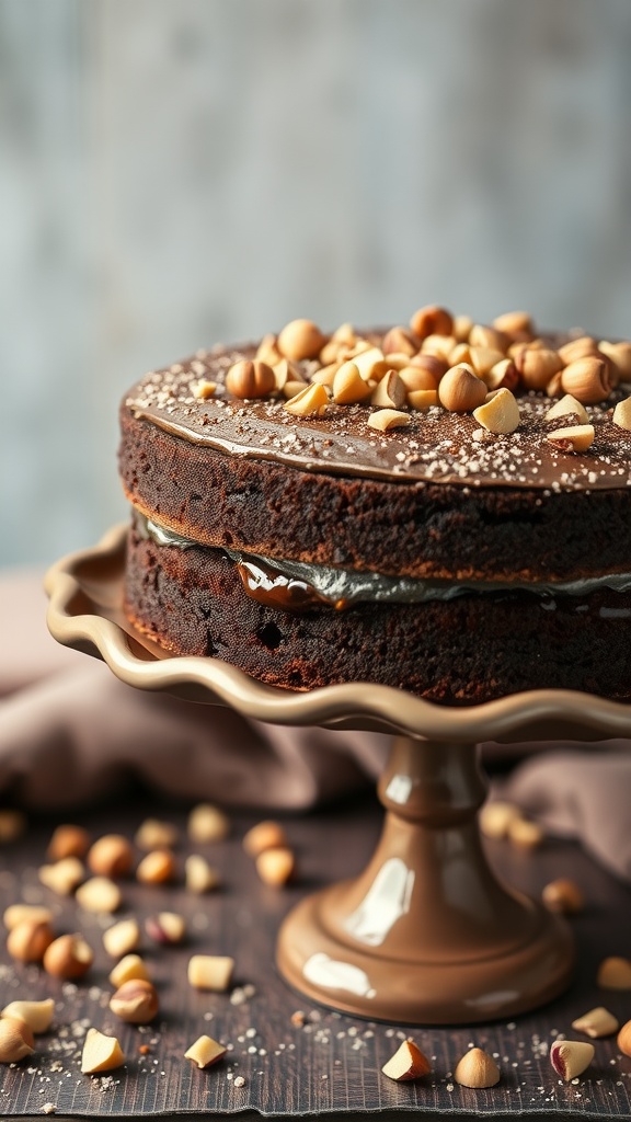 Rich chocolate cake with hazelnut topping on a cake stand