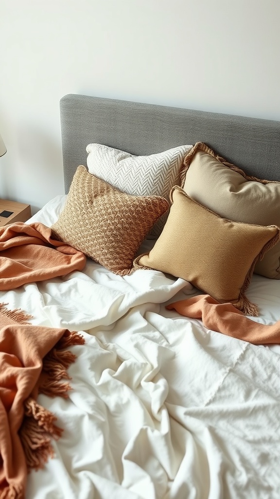 A cozy bed with various textured pillows and warm-toned blankets, showcasing Mediterranean interior design.