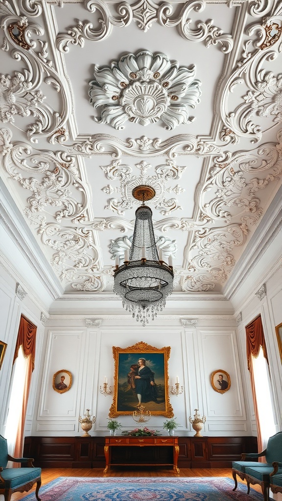 A richly designed neoclassical living room with ornate ceiling treatments and a chandelier.