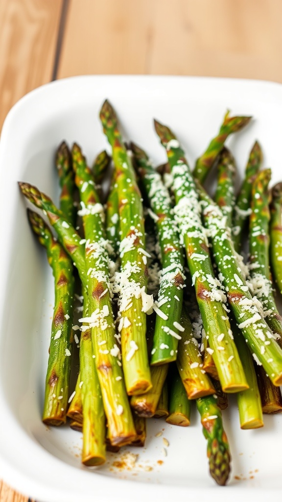 A dish of roasted asparagus topped with grated Parmesan cheese.