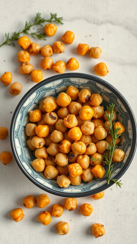 Roasted chickpeas in a bowl with some scattered around.