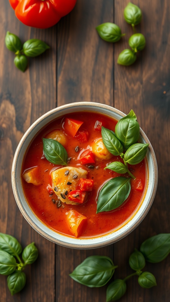 A bowl of roasted red pepper chicken soup garnished with fresh basil, surrounded by basil leaves and a red bell pepper.