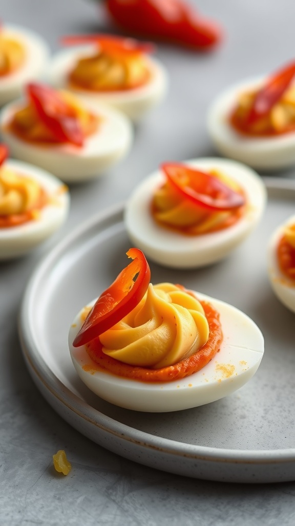 A platter of roasted red pepper deviled eggs topped with slices of red pepper.
