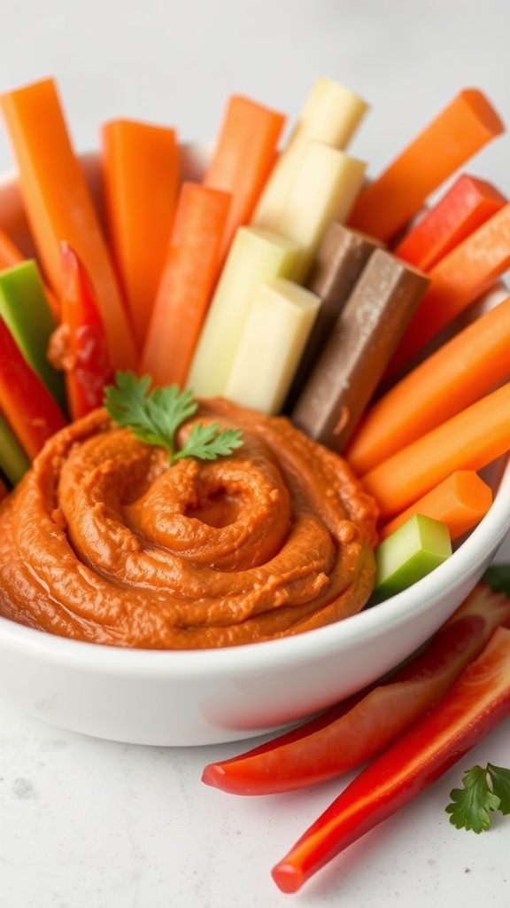 A bowl of roasted red pepper hummus surrounded by colorful vegetable sticks.