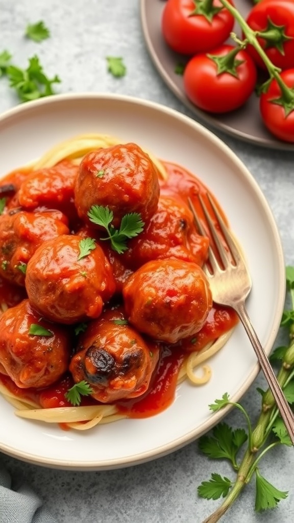 Plate of roasted red pepper meatballs with sauce and garnish.