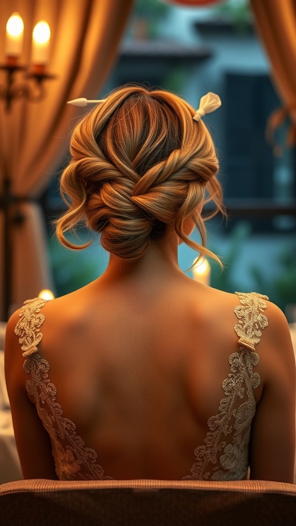 A woman with long hair styled in a romantic twist and pin hairstyle.