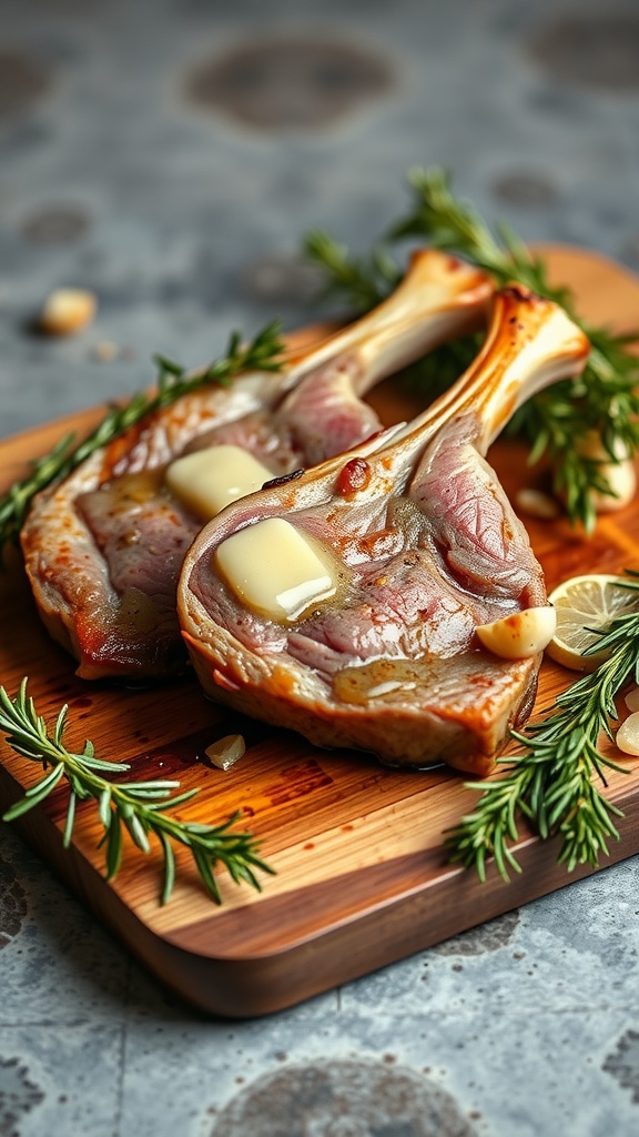 Two lamb chops with garlic butter and rosemary