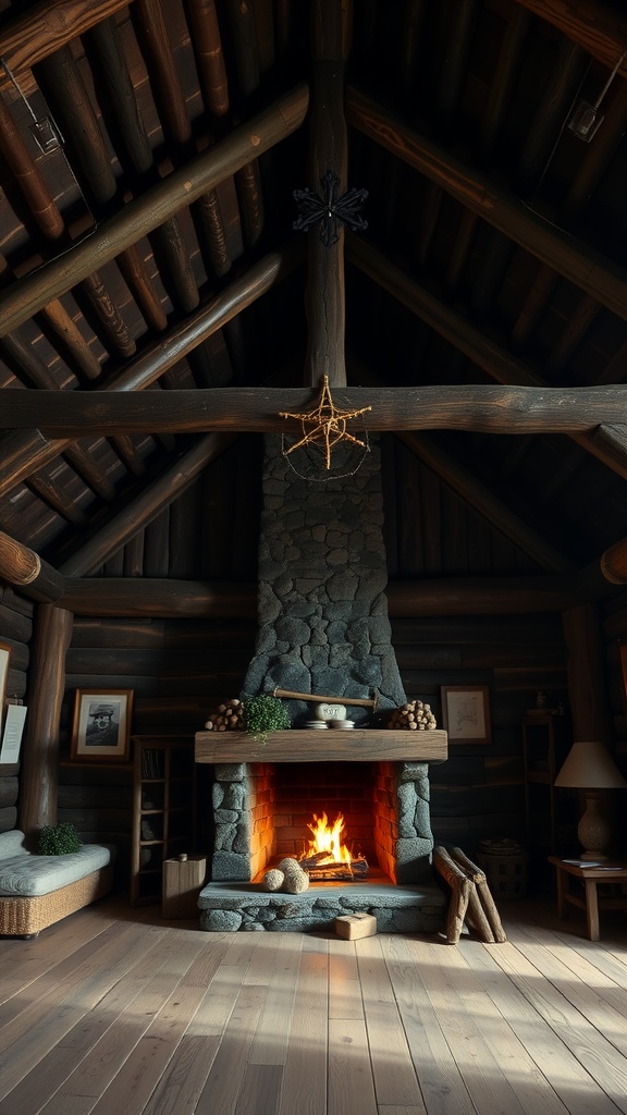 Interior featuring dark wooden beams and a stone fireplace, creating a rustic atmosphere.