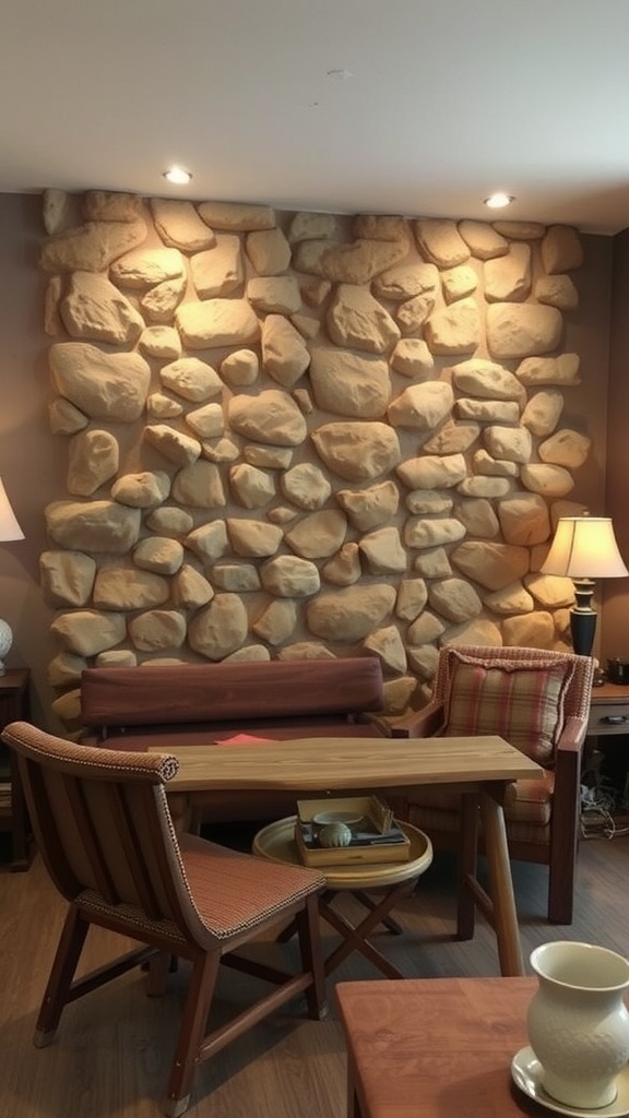 Interior design featuring a natural stone wall with rustic furniture.