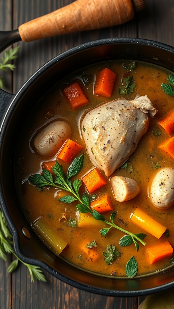 A bowl of rustic chicken soup with herbs and colorful vegetables.