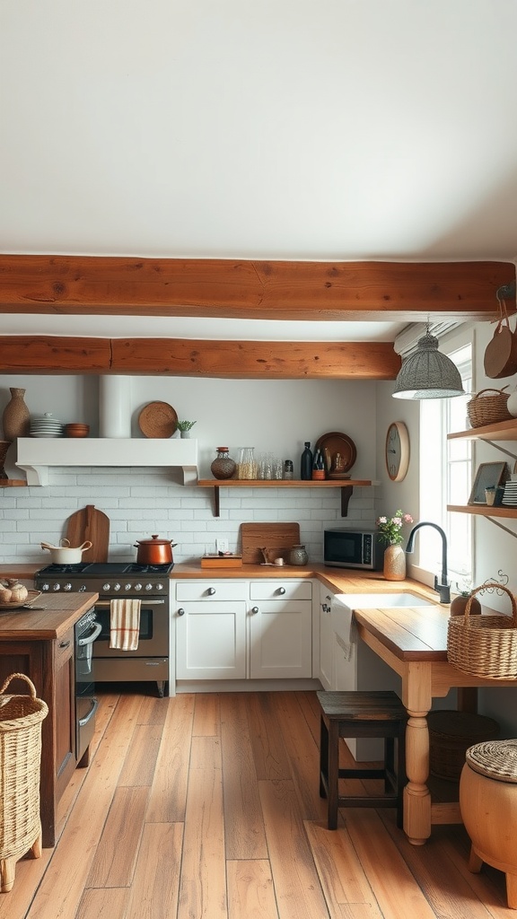 A rustic farmhouse kitchen with wooden beams, a cozy atmosphere, and vintage decor.