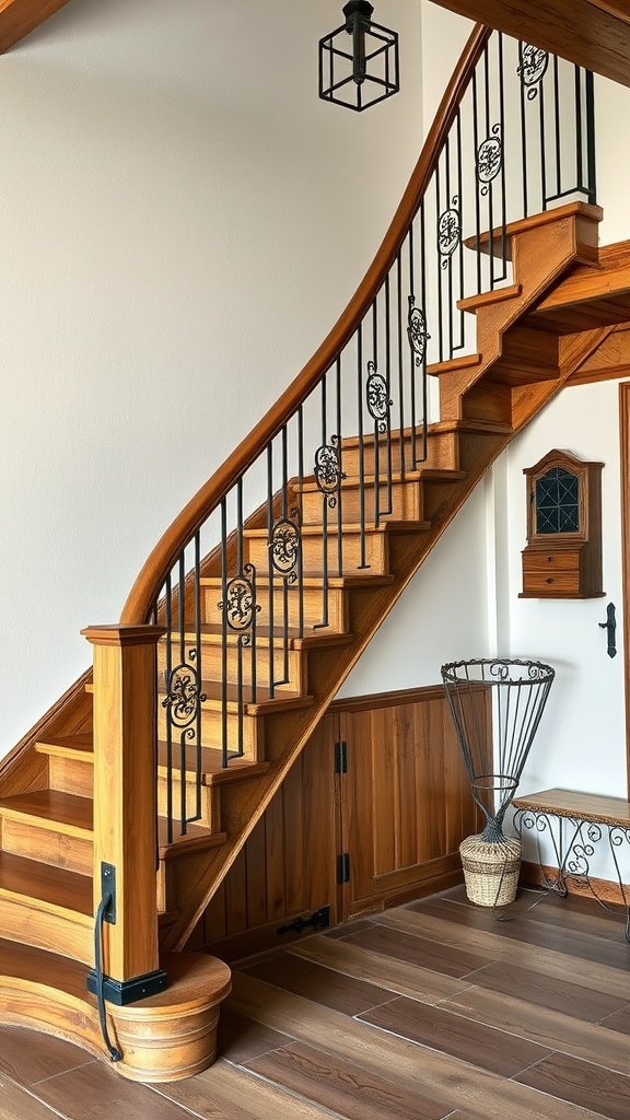 A beautifully designed rustic staircase featuring wooden steps and ornate metal railings.
