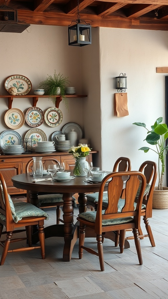 A rustic dining area featuring a wooden table and chairs, adorned with hand-painted ceramics and plants.