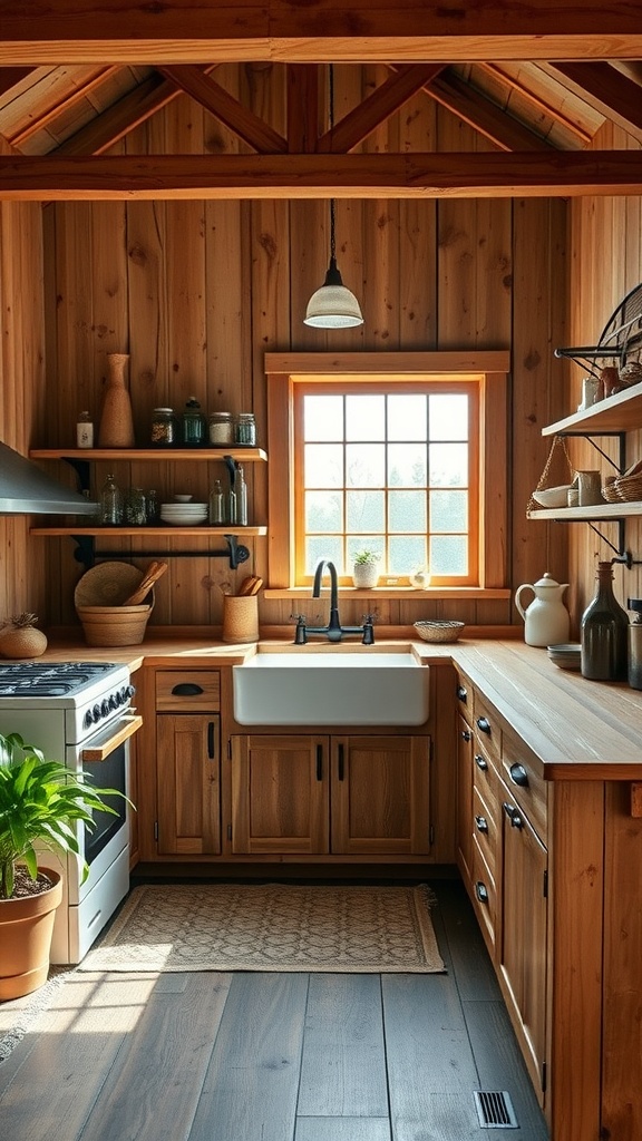 Interior view of a rustic kitchen with wooden cabinets, open shelves, and a farmhouse sink.