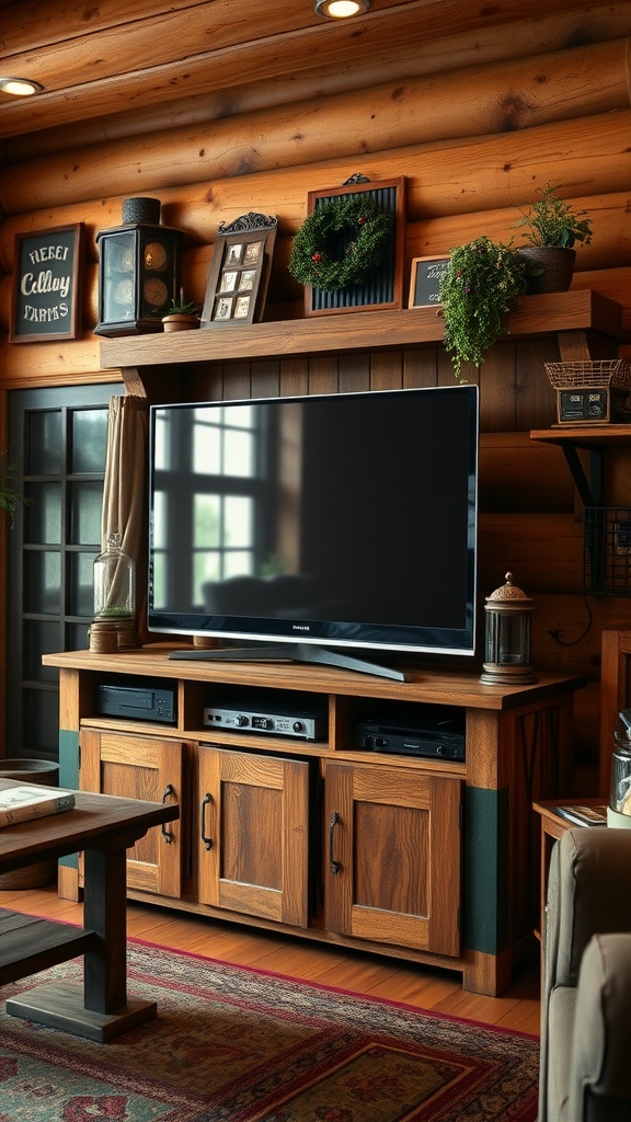 Rustic wood TV unit in a cozy living room setting
