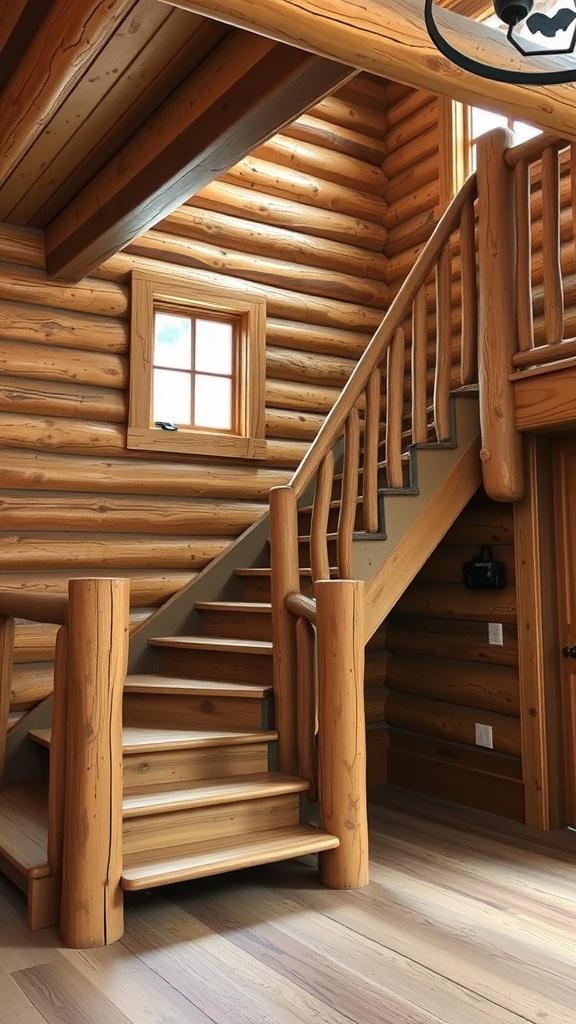 A rustic wooden staircase with log accents in a cozy interior setting.