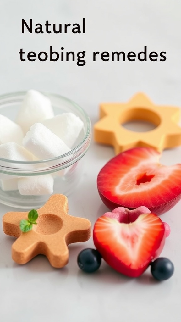 Natural teething remedies including chilled fruit and silicone toys
