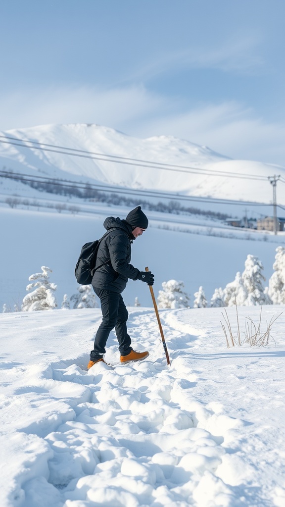 A person walking through snow, preparing to collect snow for snow ice cream.