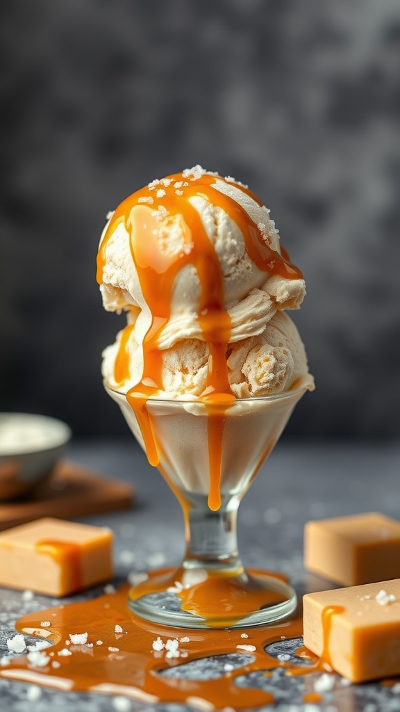 A bowl of salted caramel keto ice cream drizzled with caramel sauce and topped with sea salt.