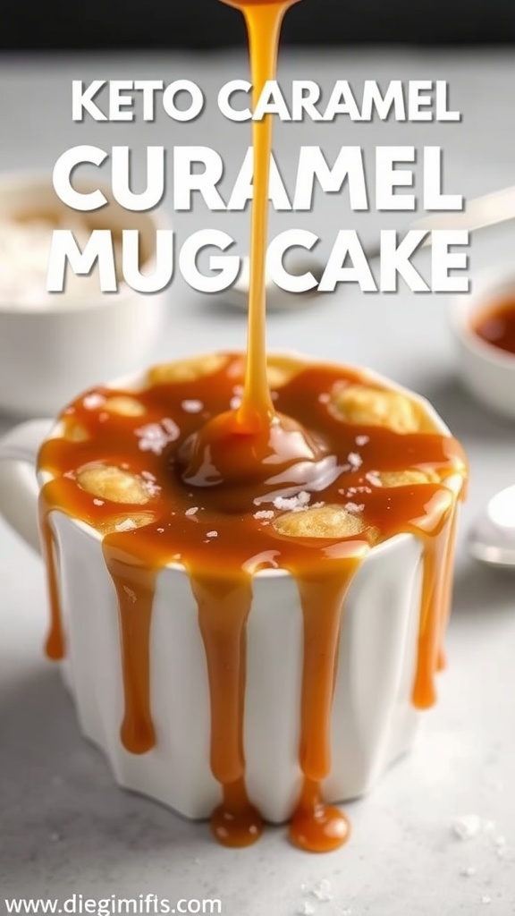 A mug filled with a keto caramel mug cake, drizzled with caramel sauce