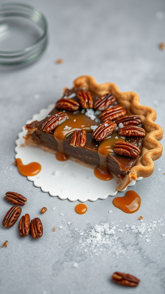 A slice of salted caramel pecan pie with pecans and caramel drizzle