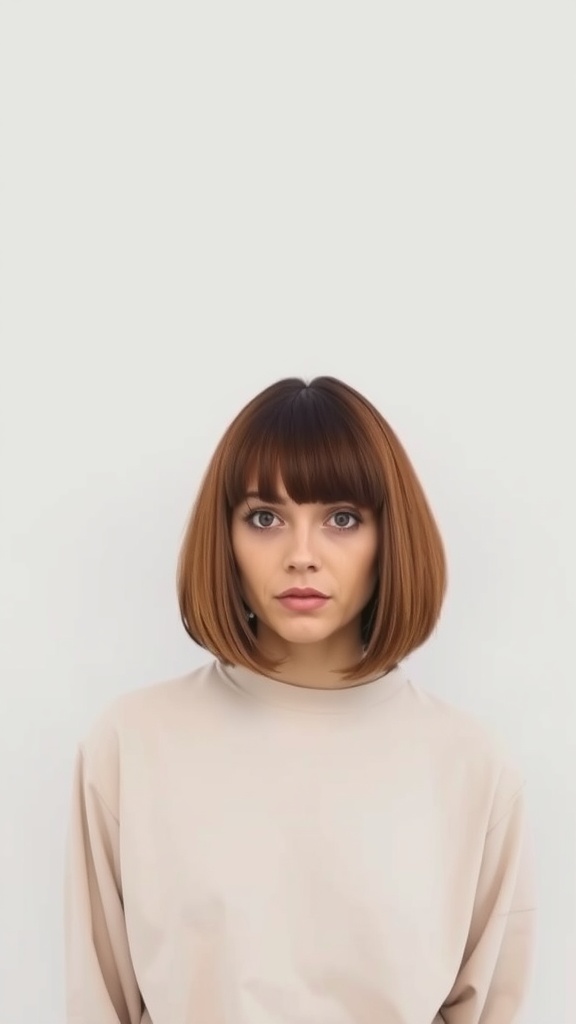 A person with a sassy bob haircut and arched bangs, wearing a neutral-colored top.