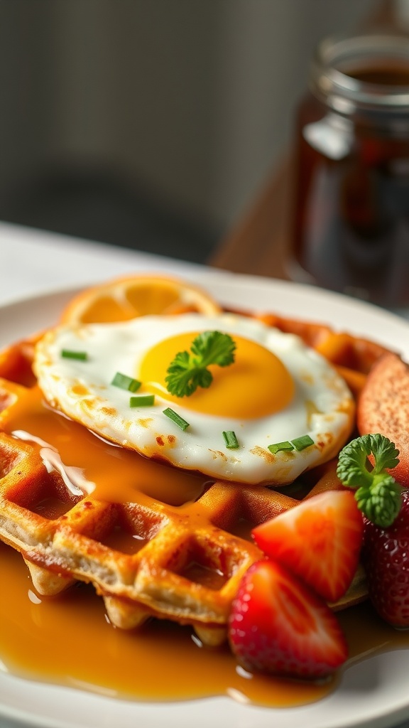 Sausage and Egg Chaffle served with syrup and fresh strawberries