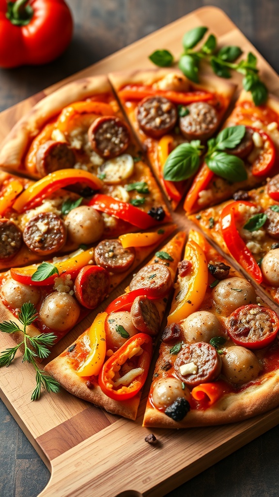 A delicious keto pizza topped with sausage and colorful bell peppers.