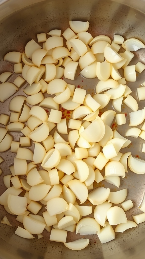 A close-up of diced onions in a pan, ready for sautéing.