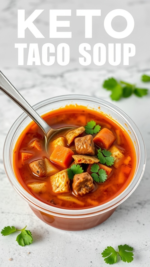 A delicious bowl of keto taco soup with pieces of meat and vegetables garnished with cilantro.