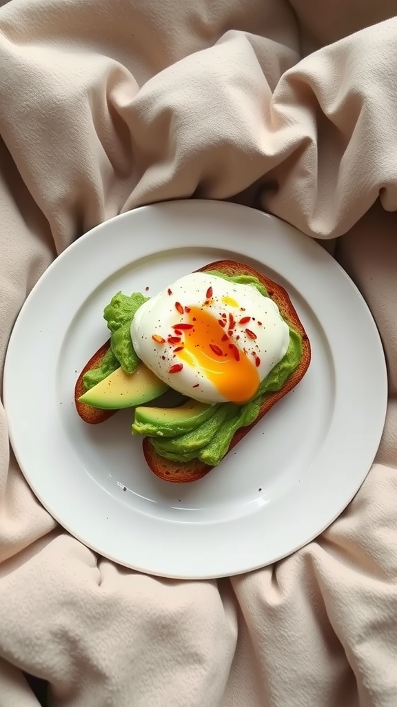 Savory avocado toast topped with poached eggs and red pepper flakes.
