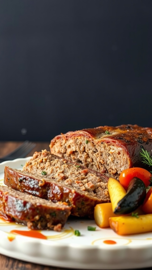 Sliced meatloaf served with colorful vegetables.