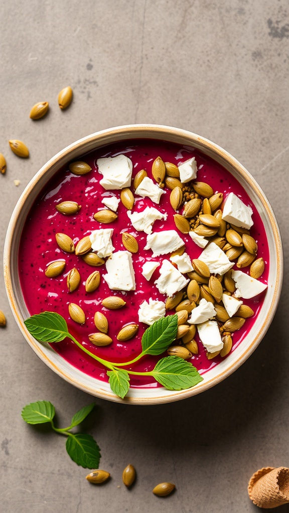 A savory beetroot smoothie bowl topped with feta cheese, pumpkin seeds, and mint leaves.