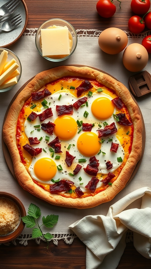 Savory breakfast keto pizza topped with eggs, bacon, and cheese.