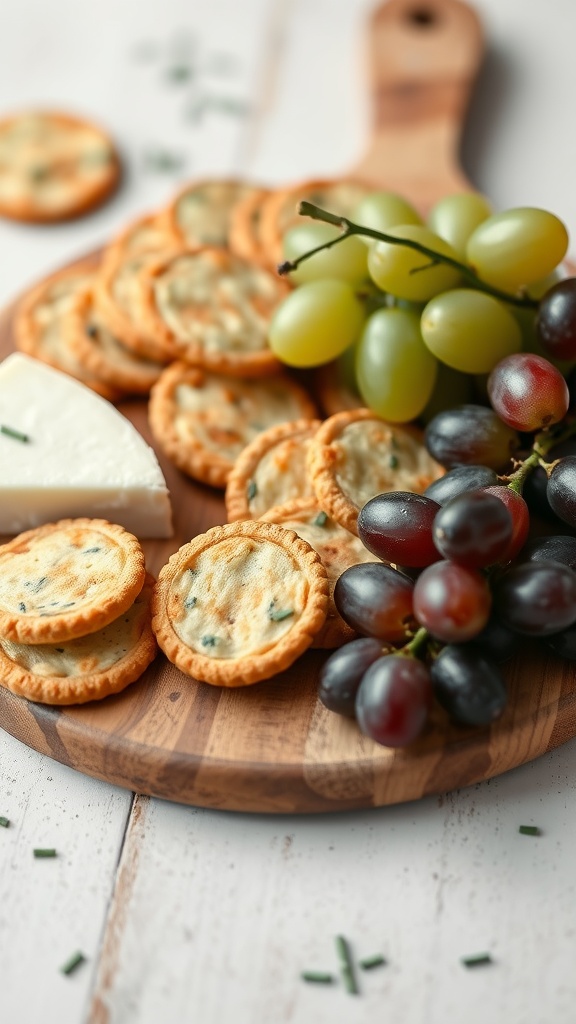 Savory Cheddar and Chive Crackers on a wooden platter with grapes and cheese.